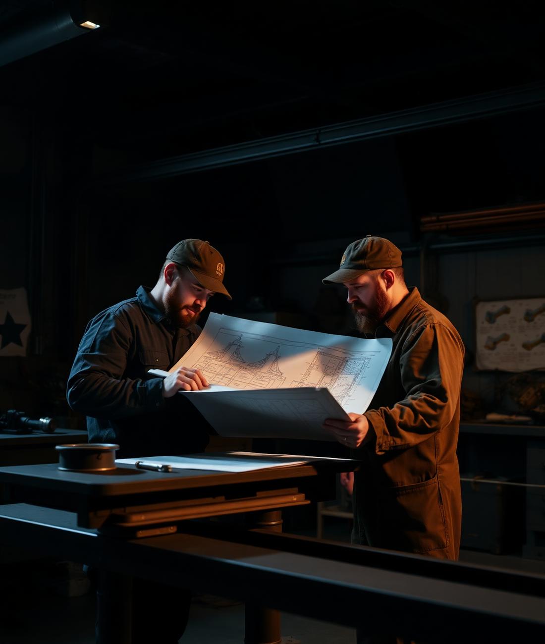 Two RW machinists reviewing a blueprint on the shop floor