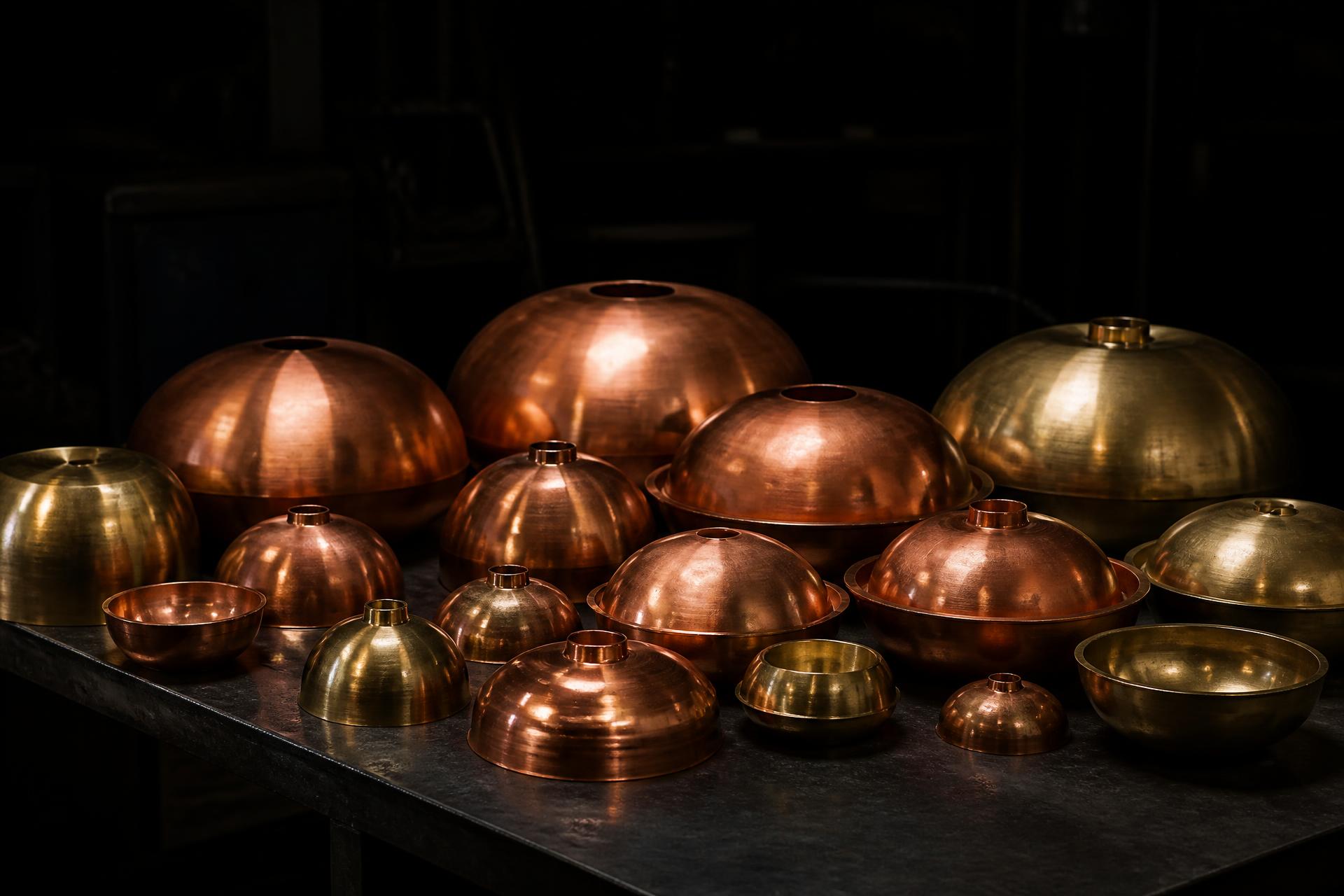 Spun copper and brass hemispheres on a workbench