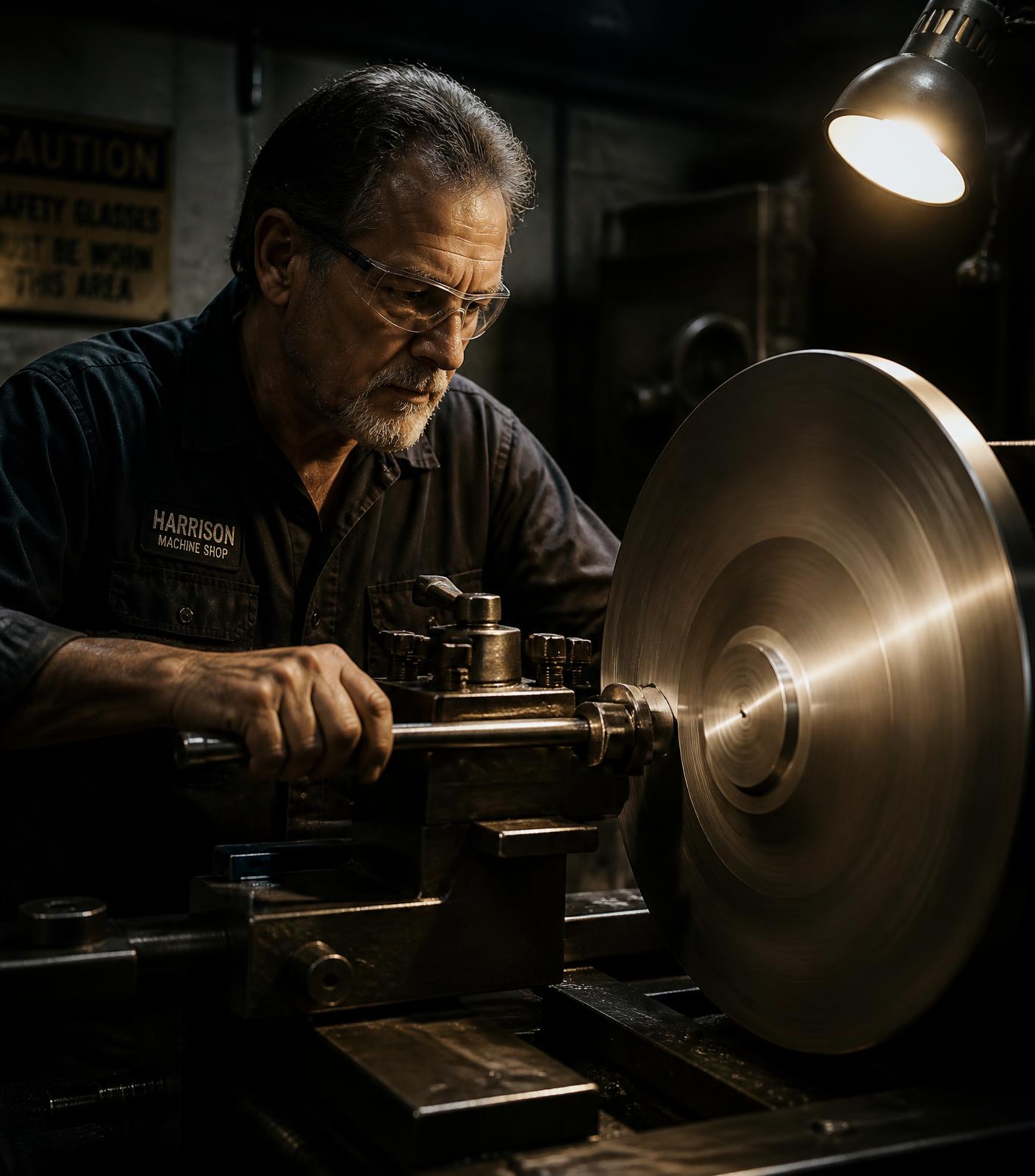 A machinist shaping a spinning aluminum disc on a manual metal spinning lathe