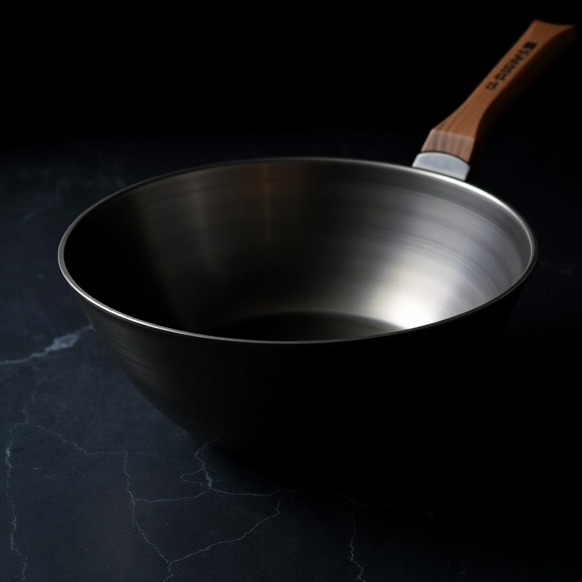 Spun aluminum wok with a wooden handle